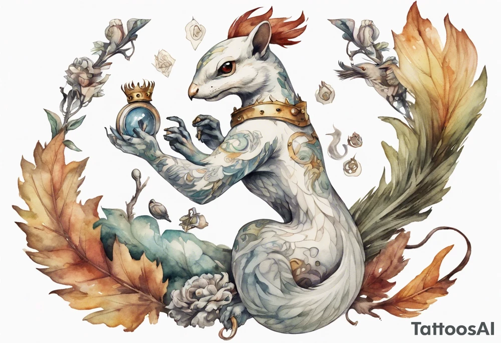a white bird-serpent hybrid, wearing a iron crown, attacking a squirrel dressed in a tunic tattoo idea