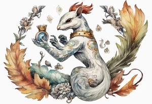 a white bird-serpent hybrid, wearing a iron crown, attacking a squirrel dressed in a tunic tattoo idea