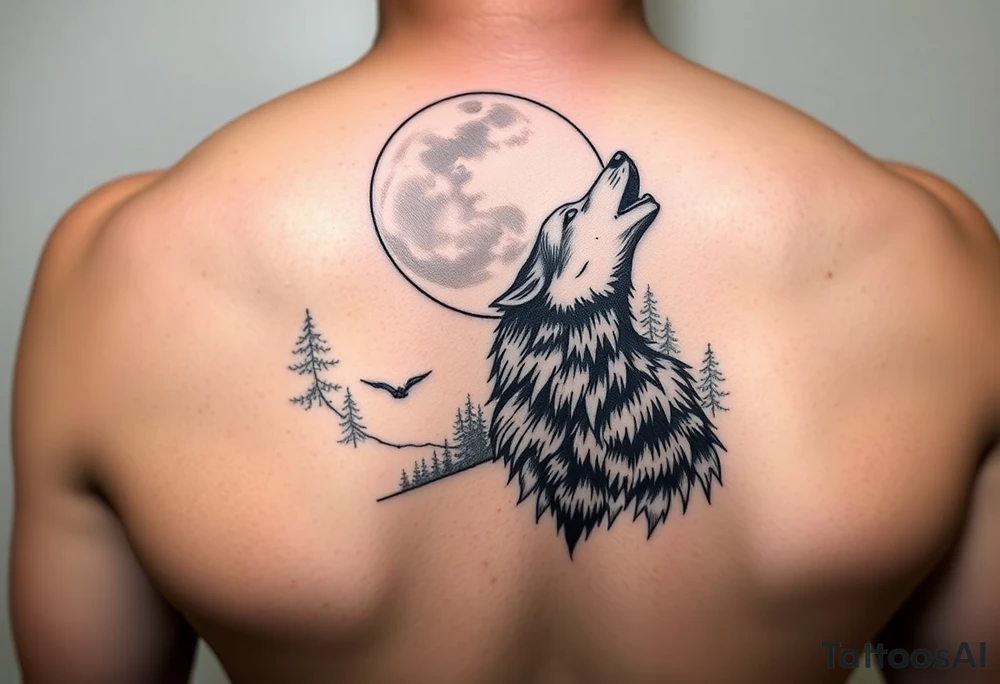 lone wolf howling at full moon with northern lights backdrop tattoo idea