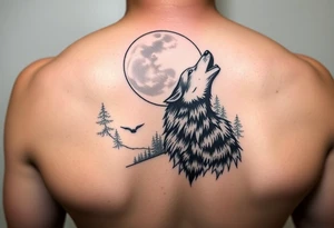 lone wolf howling at full moon with northern lights backdrop tattoo idea