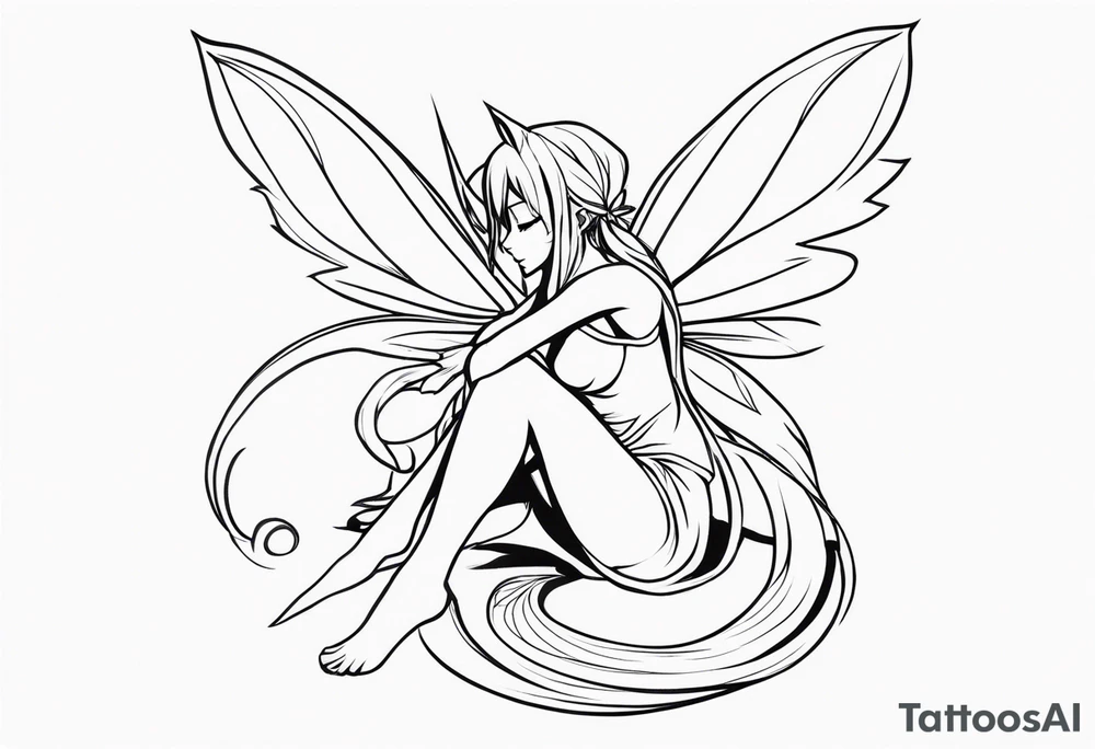 No color sketch of a fairy with a tail inspired by the guild symbol in the anime show called Fairy Tail in a fetal position leaning in and forward while crawled in tattoo idea