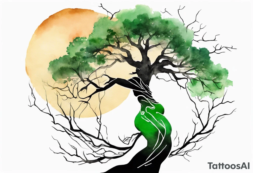 a tree with roots and a trunk that turns into a black woman reaching with her arms towards the sun, wearing a green tunic tattoo idea