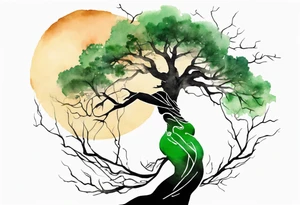 a tree with roots and a trunk that turns into a black woman reaching with her arms towards the sun, wearing a green tunic tattoo idea