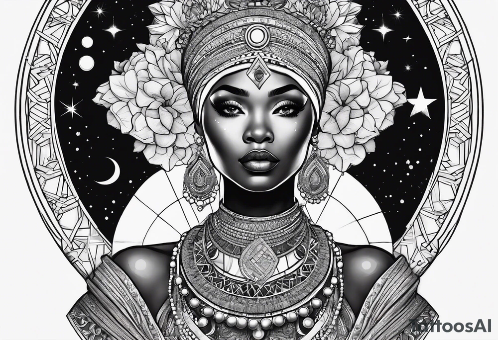 Black woman, royalty, enlightenment, wisdom, astronomy, cancer zodiac, natural, love, strength, power tattoo idea