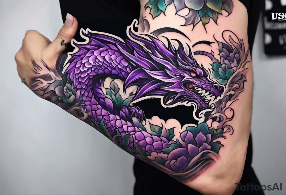 Purple eldritch dragon arm sleeve tattoo idea