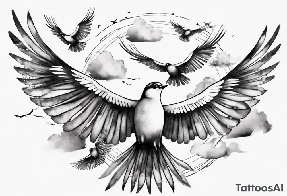 shoulder tattoo with light rays with birds flying free among the clouds, round shape, 3d effect tattoo idea shoulder tattoo with light rays with birds flying free among the clouds, round shape, 3d effect tattoo idea