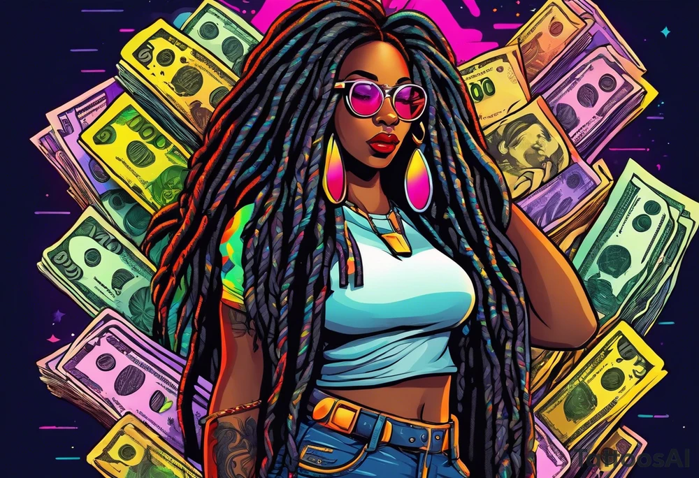 beautiful thick black women with long straight dreadlocks, new school style, holding piles of money, colorful, neon, bright, streetwear, streetstyle, urban tattoo idea