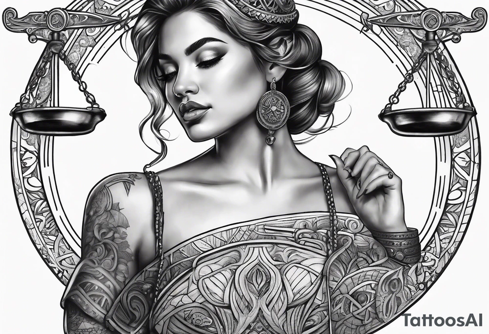 Intricate libra scales held by a beautiful woman tattoo idea