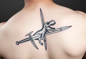Tattoo image idea that shows a fingolfin sword and has a sauropods dinosaur incorporated with the sword tattoo idea