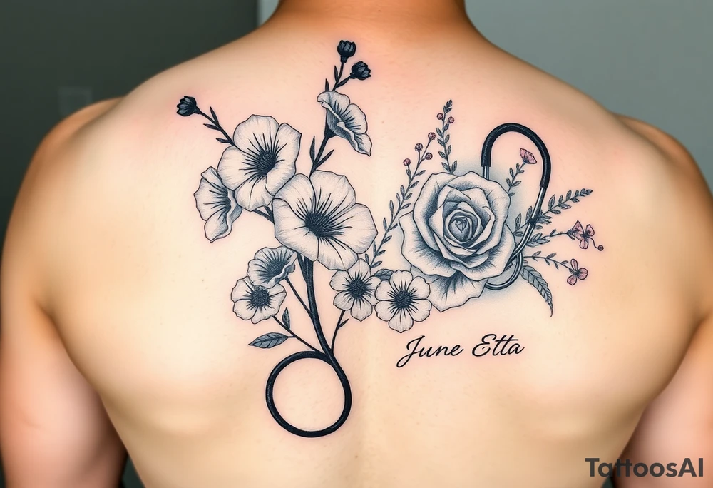 6 inches tall by 4 inches wide approximately, black and white tattoo with a bouquet of hollyhocks, one wild rose, and wild flowers, include a stethoscope along the side with the CNA symbol and the name June Etta tattoo idea