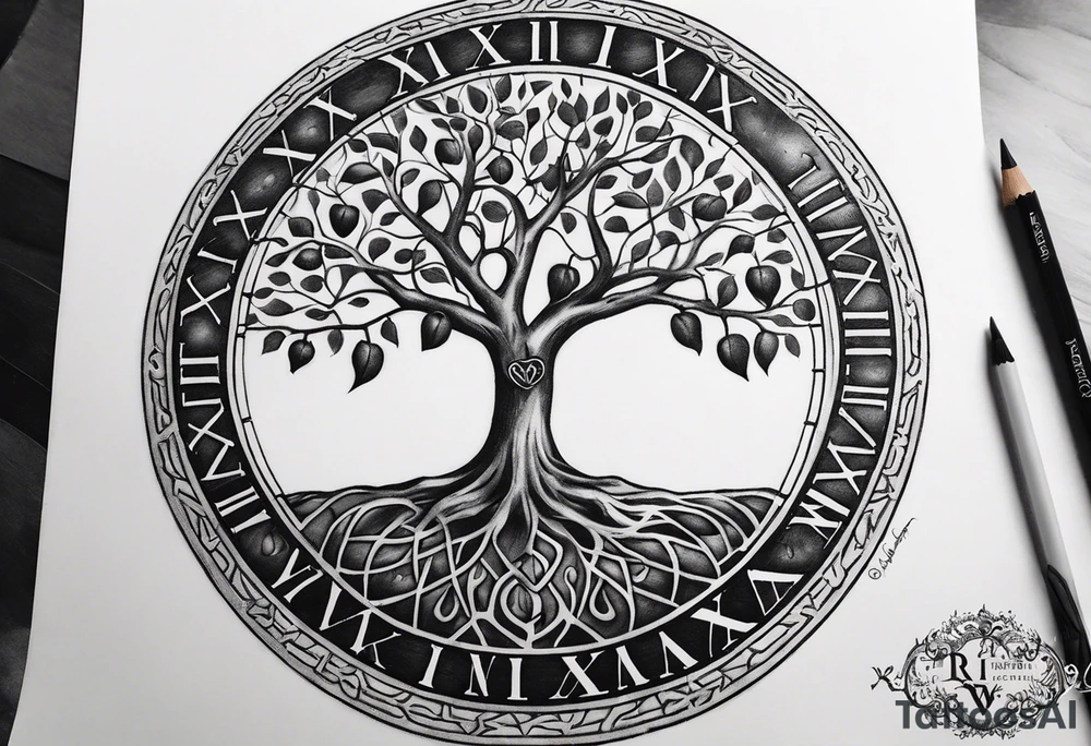 the roman numeral 4 surrounded by a tree of life. a small apple in the tree.  the roots of the tree have a roman numeral 1, 2 and 3 within them. its a tattoo for my left shoulder. tattoo idea