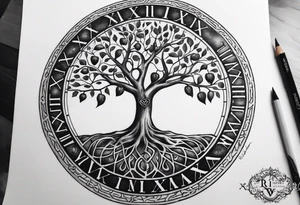 the roman numeral 4 surrounded by a tree of life. a small apple in the tree.  the roots of the tree have a roman numeral 1, 2 and 3 within them. its a tattoo for my left shoulder. tattoo idea