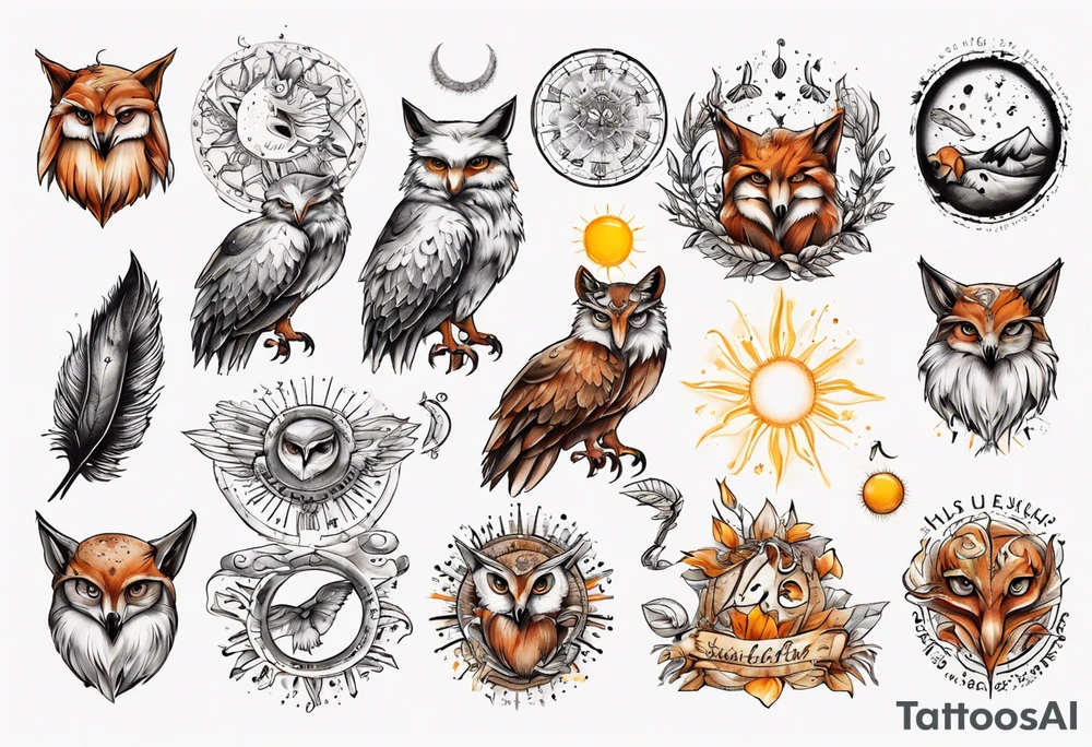 halb 
Fuchs halb Eule unter der Sonne mit dem Schriftzug Sapere Aude tattoo idea
