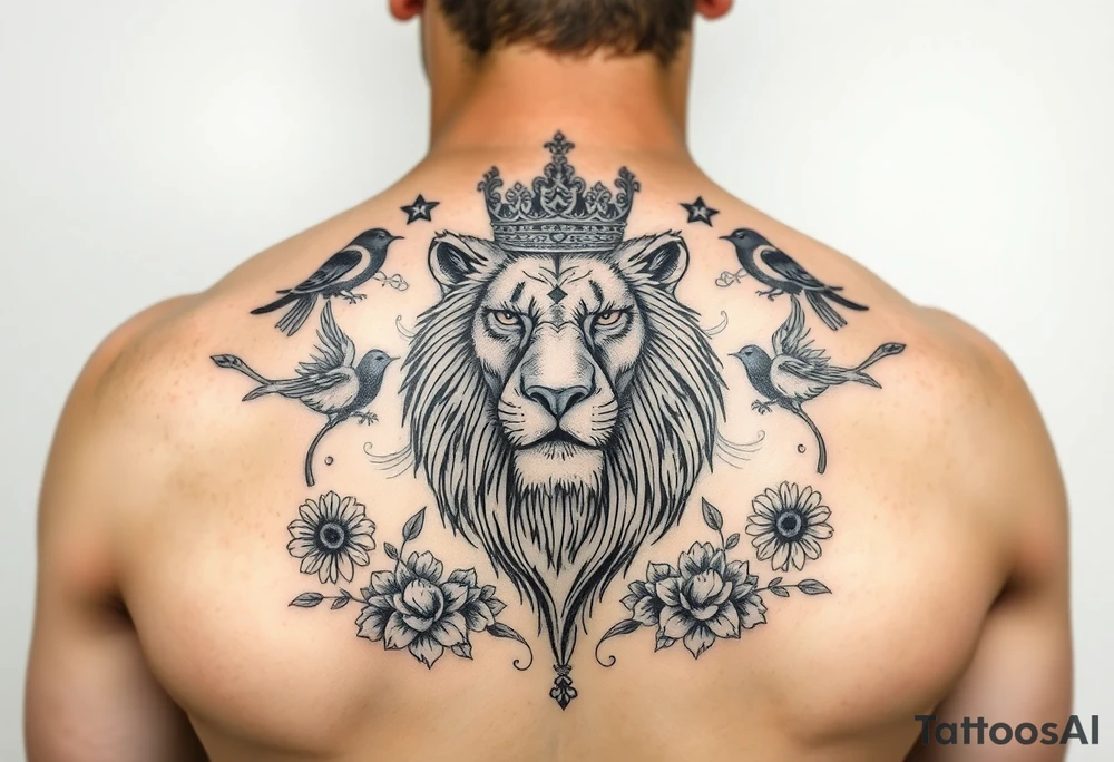 powerful majestic lion with a crown, surrounded by floral ornaments and birds tattoo idea