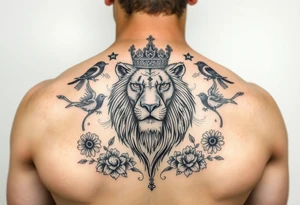 powerful majestic lion with a crown, surrounded by floral ornaments and birds tattoo idea