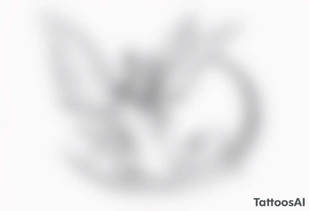 A fairy with a tail inspired by the logo of the show called Fairy Tail in a fetal position leaning in tattoo idea