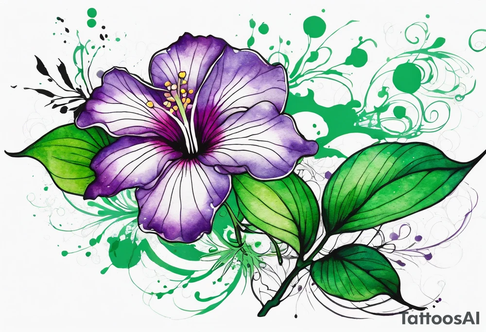 An outline of a green rio dipladenia flower and a green and purple watercolor splash in the background tattoo idea