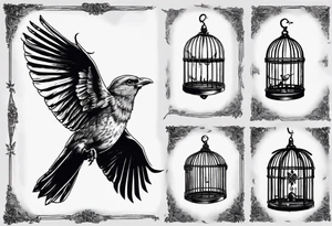 highly detailed bird, Lynyrd Skynyrd,
flying from birdcage tattoo idea