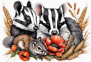 A British wildlife sleeve, with a badger, squirrel, falcon and field mice on with poppys and wheat at the bottom tattoo idea