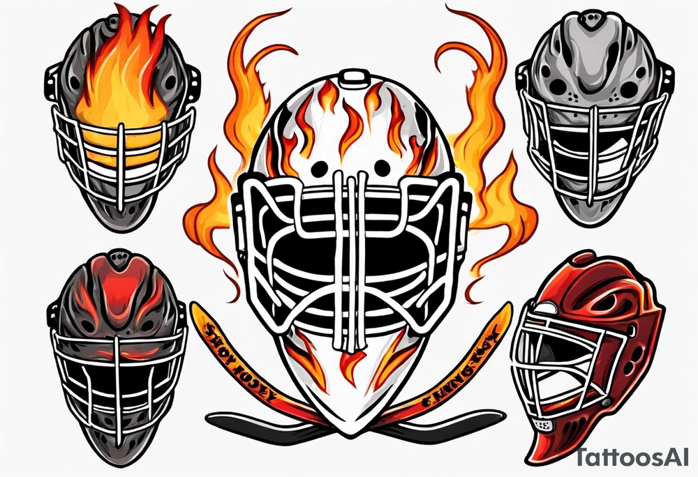 goalie mask with crossed hockey sticks and flames that says "SHOT HOCKEY" tattoo idea