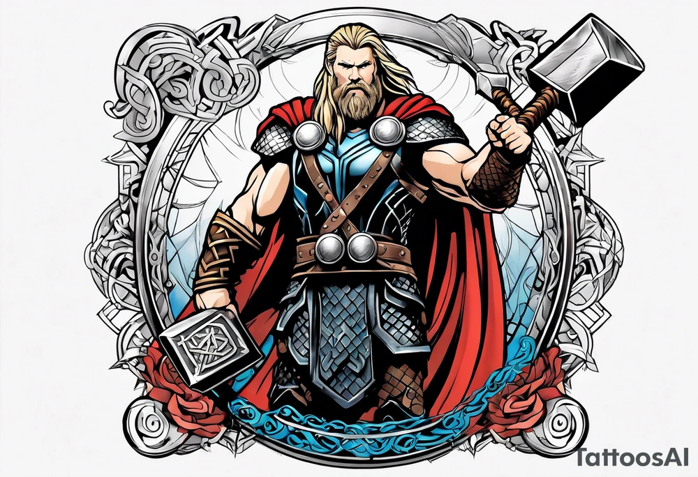 Thor with him holding mjolnir and a vignette of viking rune design tattoo idea