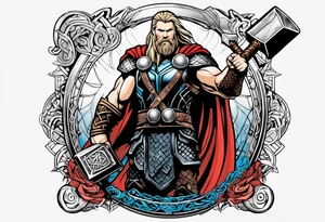 Thor with him holding mjolnir and a vignette of viking rune design tattoo idea