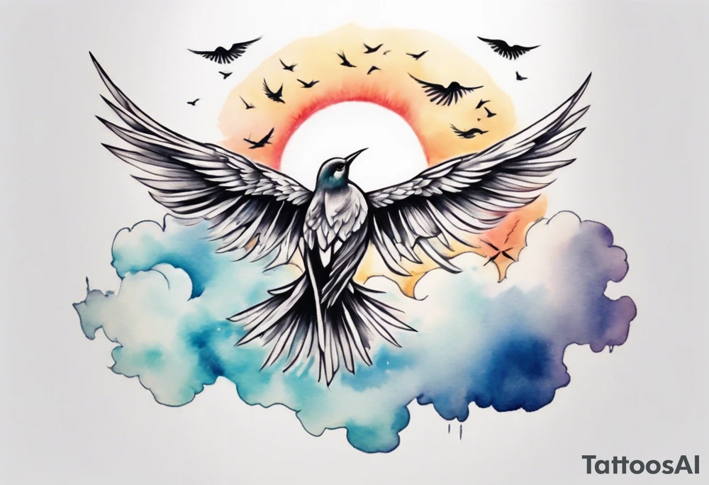 a shoulder tattoo with lots of rays of light in gradient starting from the middle
, clouds and birds flying free tattoo idea