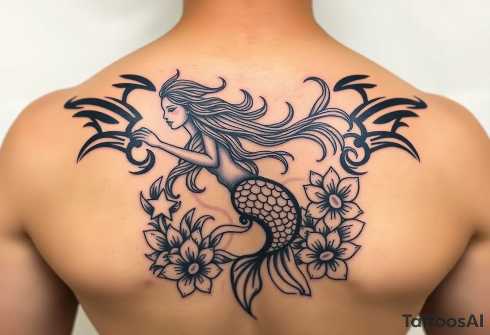 ethereal mermaid with flowing hair among coral and sea flowers tattoo idea