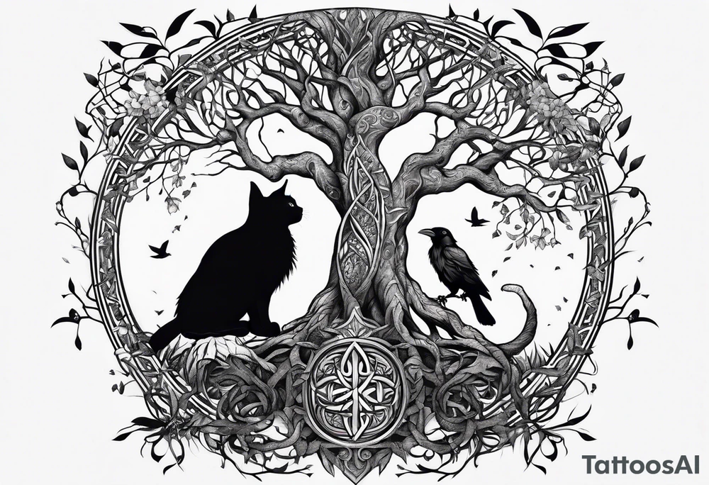 world tree with a cat and a raven and knotwork arm tattoo tattoo idea