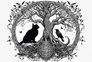 world tree with a cat and a raven and knotwork arm tattoo tattoo idea