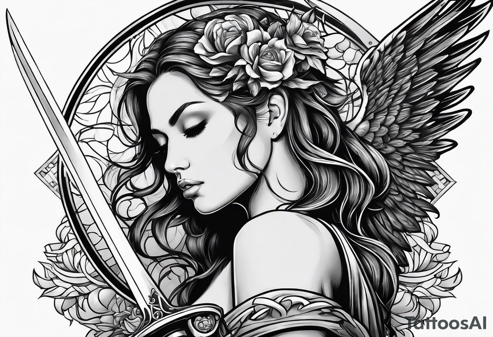Female angel with sword tattoo idea