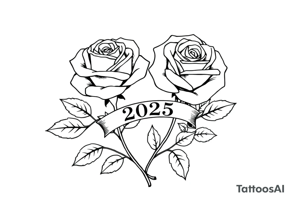 two beautiful large rose buds, one larger than the other, with many leaves next to the rose buds, with one sitting higher than the other. Include a banner connecting the two roses with the year 2025 on it.   Use dark outlines with little shading. The two stems should be short, not long, and connect and join into one stem, whimsically curved or twisted - not straight down. tattoo idea