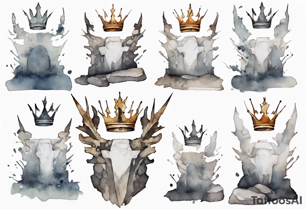 a white roc wearing a minimalist iron crown, standing on a stone throne tattoo idea