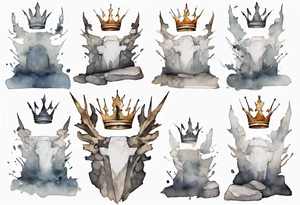 a white roc wearing a minimalist iron crown, standing on a stone throne tattoo idea