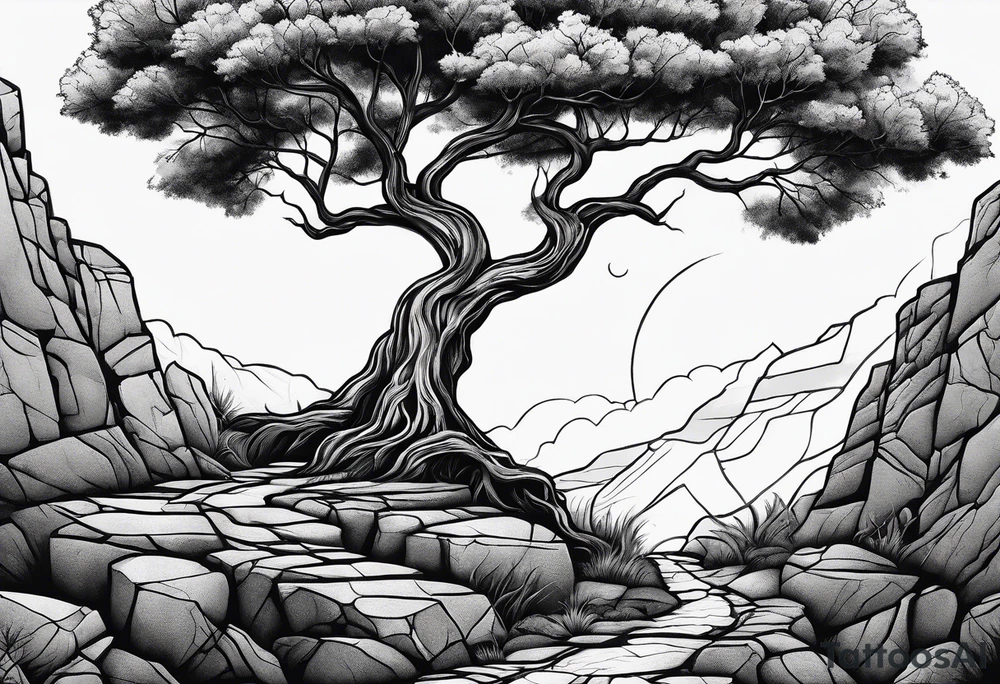 Tree growing out of stone cliff with roots growing in between cracks tattoo idea
