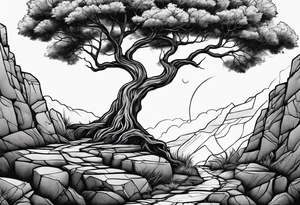 Tree growing out of stone cliff with roots growing in between cracks tattoo idea