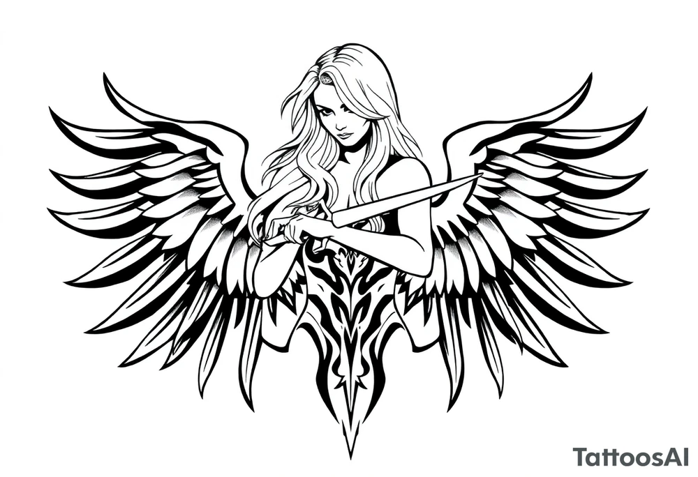 femme blonde cheveux long ondulé, un genou au sol  en armure de chevalier tenant épée vers le bas et de grandes ailes d'anges déployées tattoo idea