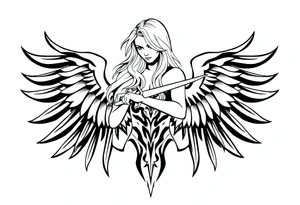femme blonde cheveux long ondulé, un genou au sol  en armure de chevalier tenant épée vers le bas et de grandes ailes d'anges déployées tattoo idea
