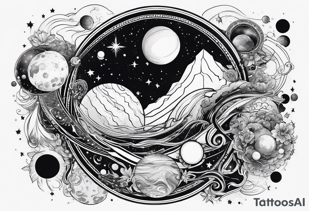Cosmos with galaxies and planets tattoo idea