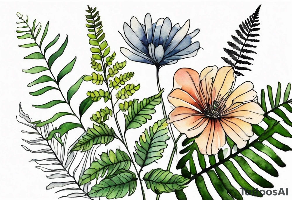 wild flowers long stems bouquet with ferns all watercolor tattoo idea