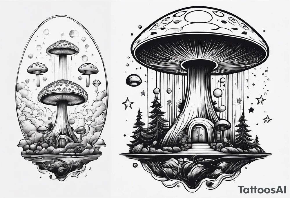 thin mushroom rocketship with fire coming out the bottom bursting out of bubble tattoo idea