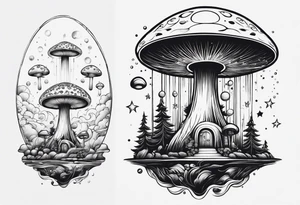 thin mushroom rocketship with fire coming out the bottom bursting out of bubble tattoo idea