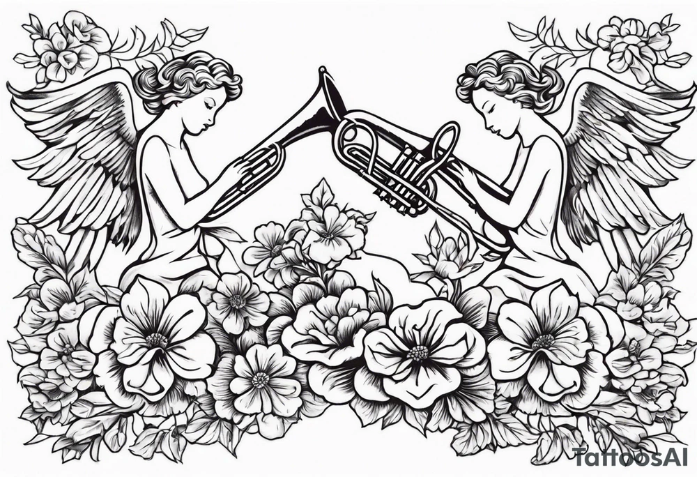 angels with trumpets
old school vintage simple traditional design with vintage flowers surrounding it tattoo idea