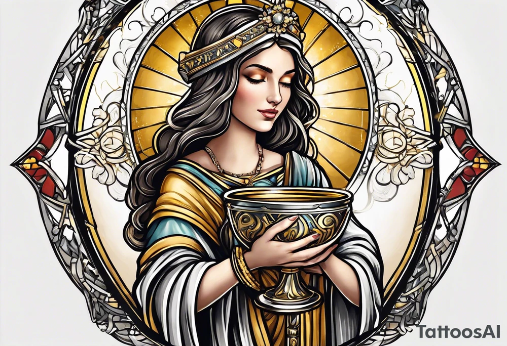 woman saint holding chalice surrounded by golden halo portrait tattoo idea