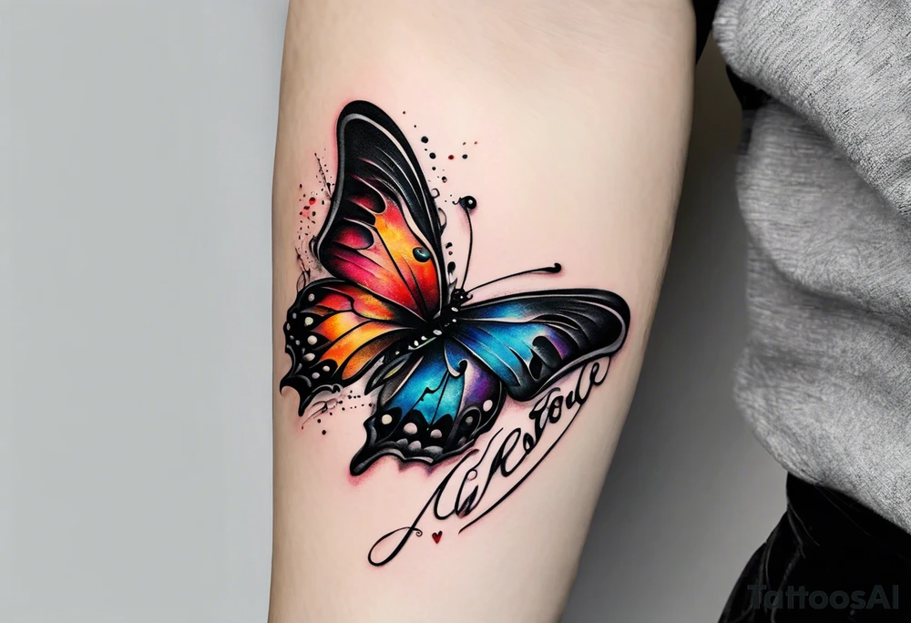 butterfly with one wing black scribbles, the other wing beautiful and colorful, the body has the date 1.9.2023 and the words written "I chose to live." tattoo idea