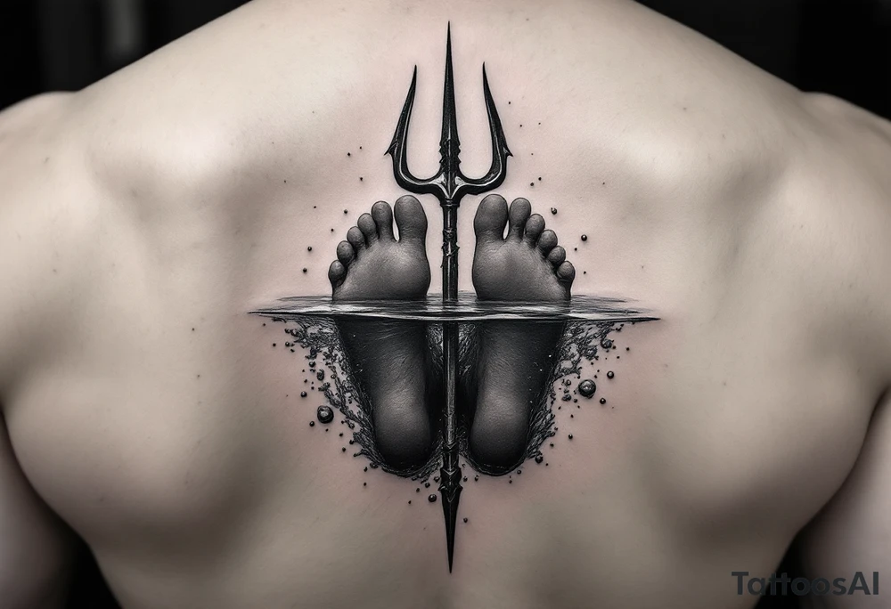 barefeet behind trident half way under water tattoo idea