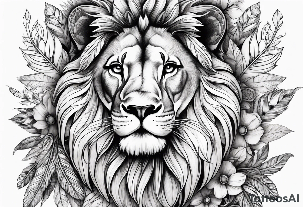 Feminine lion with feathers floral tattoo idea
