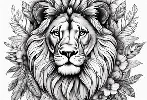 Feminine lion with feathers floral tattoo idea