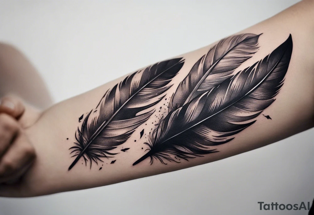The tattoo begins on the left arm, at the elbow, where feathers are flying under the action of the wind towards the left hand. These feathers share the air space with branches that have leaves, and both elements move together up the left arm. As they approach the shoulder, some lightning appears between them. At this point, the feathers start to converge toward the left chest, where a vortex of energy reveals the head of an owl. The branches converge toward the left side of the back, passing over the shoulder. On the left side of the back, there is a dense, psychedelic element representing the energy of life's creation, with references to the earth, element, and planet. There is also a clay house in this area. tattoo idea