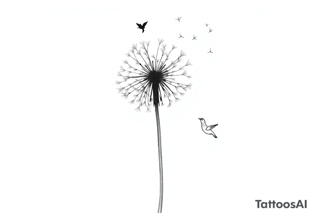 Dandelion tattoo representing motherhood, blowing in the wind giving myself to the next generation. Five birds for my children and two white birds for the children I lost. Whimsical and fine line. More artistic and soft. Still not right. Try again tattoo idea